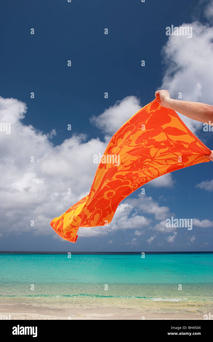 Les mains d'un homme agitant une serviette de plage aux couleurs vives dans l'air sur une plage tropicale déserte Banque D'Images