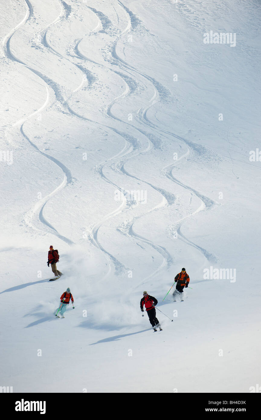 Un groupe de randonneurs suivent leur guide en bas d'une pente dans les montagnes Selkirk, au Canada. Banque D'Images