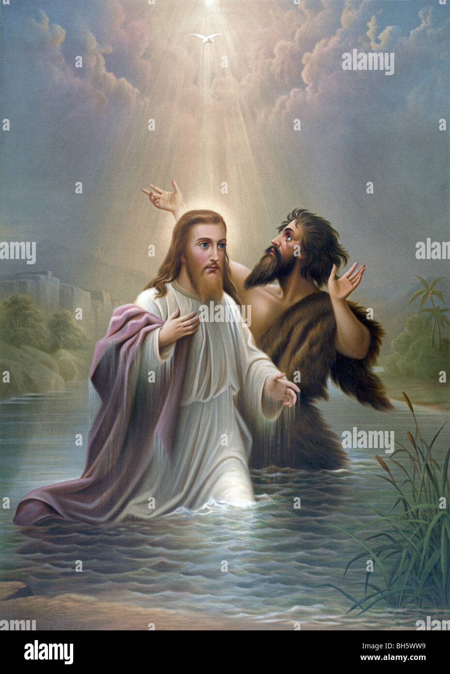 Print c1873 (intitulée "Le Baptême du Christ", et montrant Jésus qui se fait baptiser par Jean le Baptiste dans le Jourdain. Banque D'Images