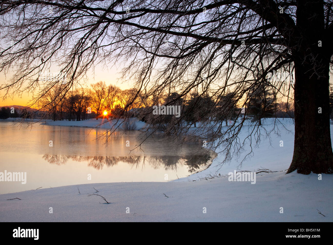 Lever du soleil sur la neige un étang à Brentwood Tennessee USA Banque D'Images