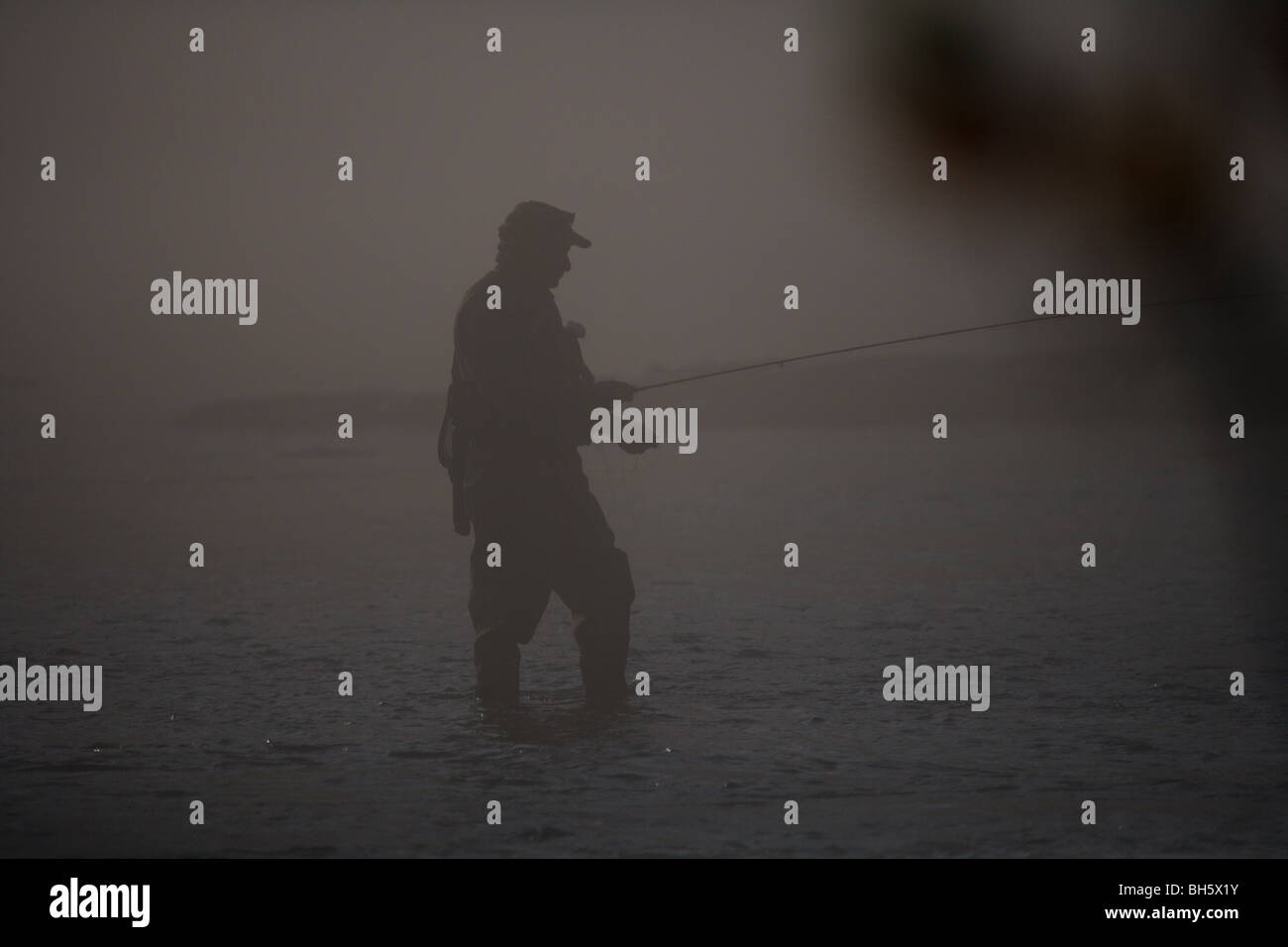 SILHOUETTE pêcheur de mouche Pêche en rivière un épais brouillard MAUVAIS TEMPS Banque D'Images