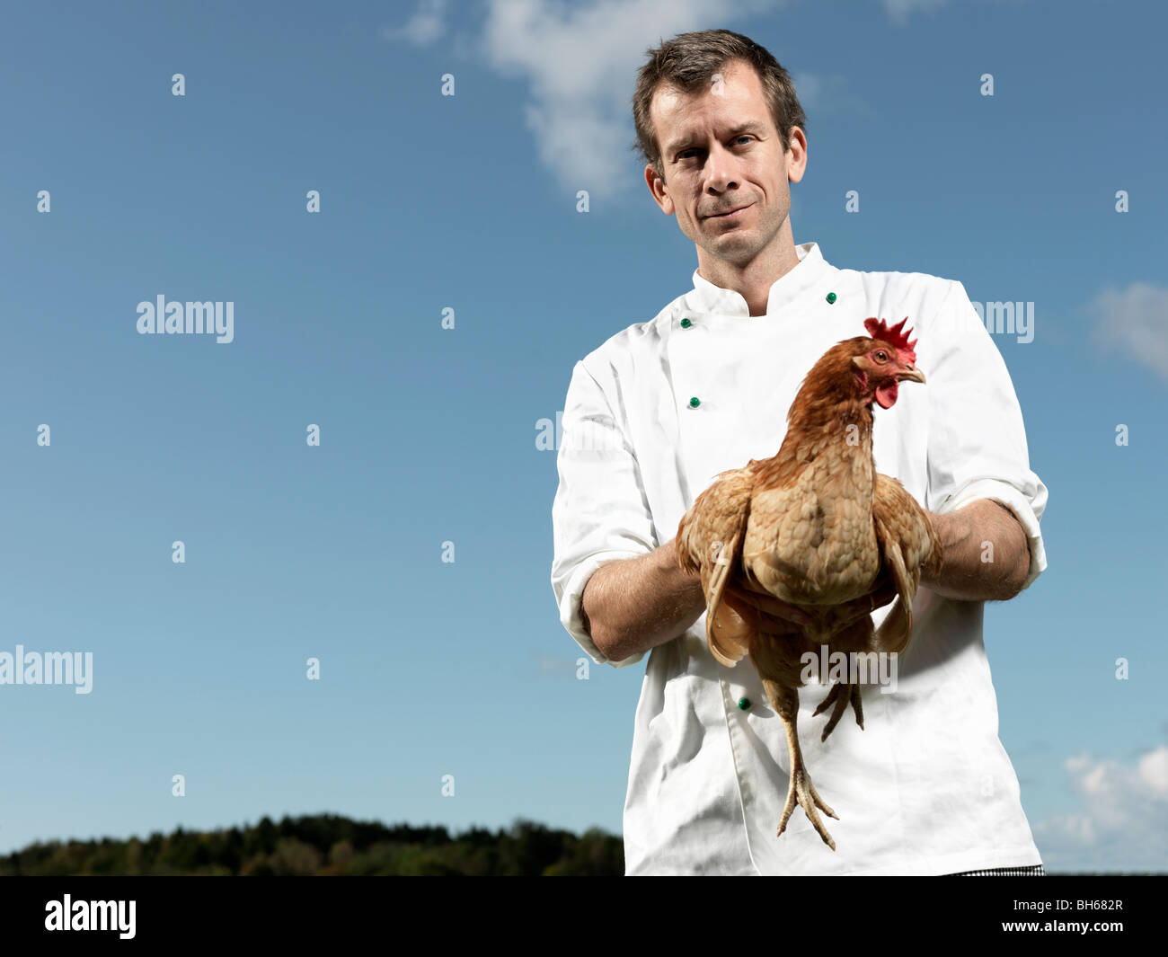 Chef holding hen Banque D'Images