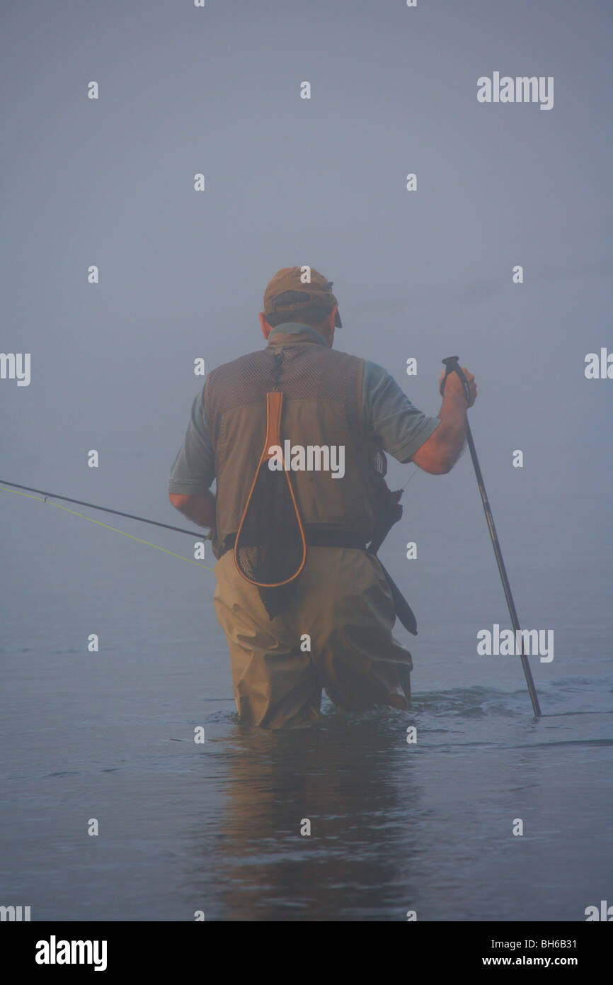 FLY FISHERMAN WADING IN RIVER PORTANT canne à mouche un épais brouillard MAUVAIS TEMPS Banque D'Images