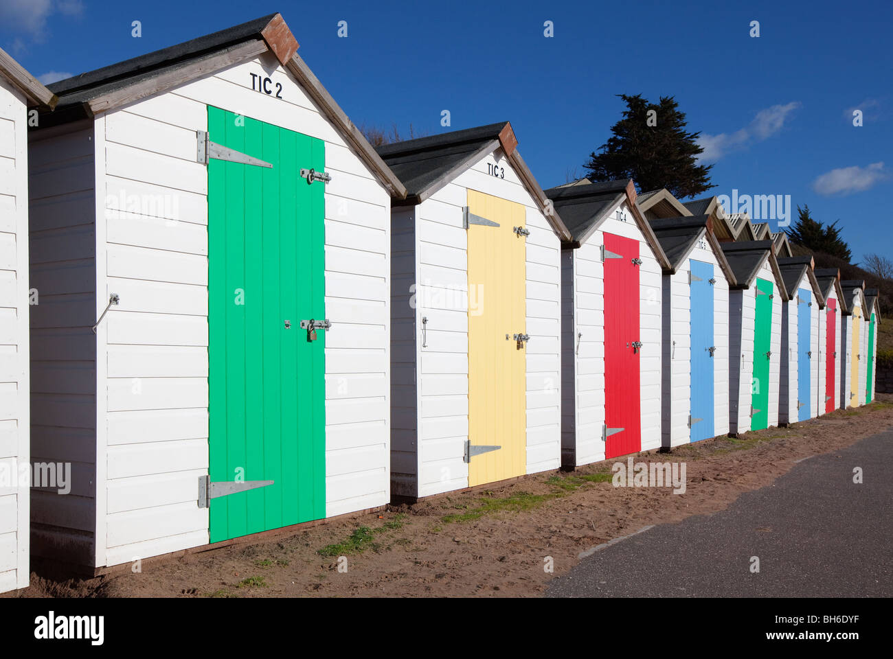 Beachhuts, front de mer d'Exmouth Exmouth, Devon, UK Banque D'Images