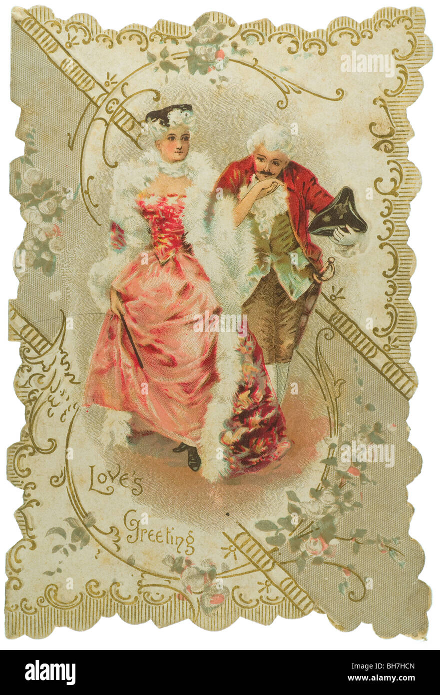 Message d'Aime vintage carte postale avec illustration de la haute société Victorian couple Banque D'Images