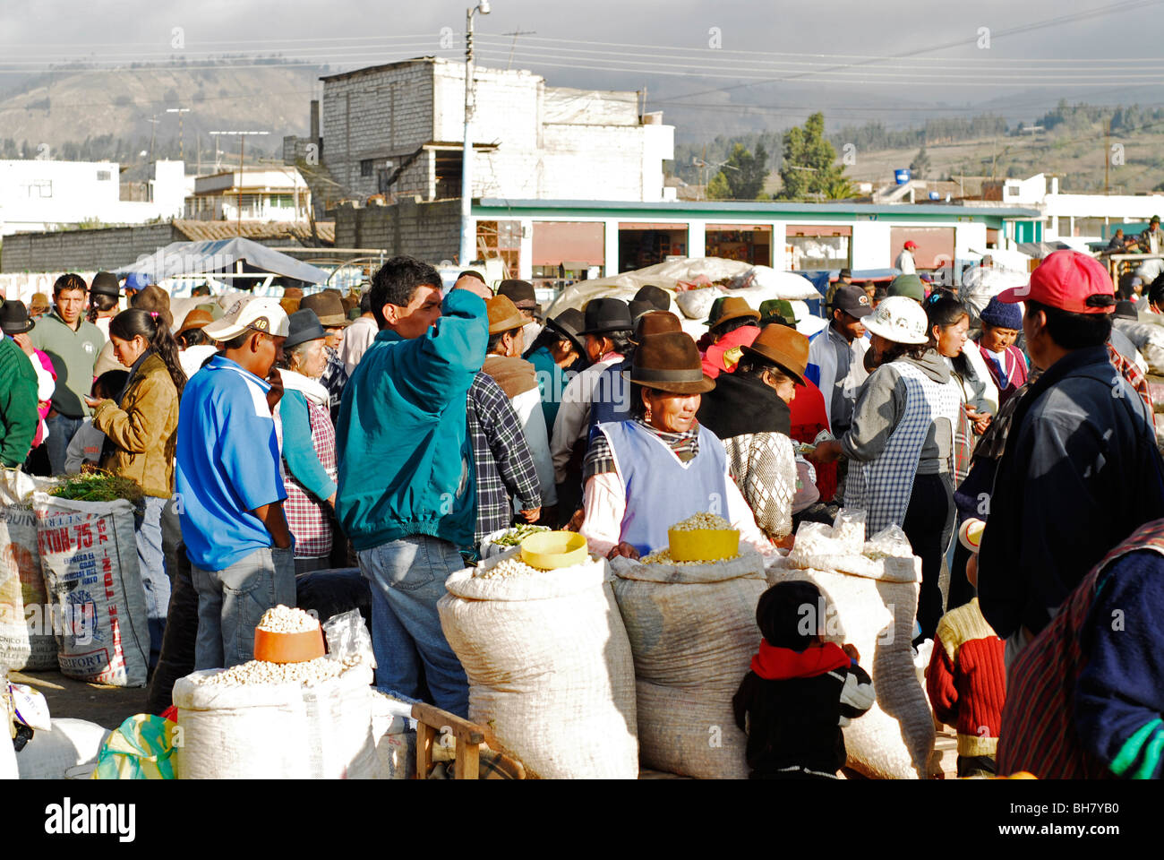 L'Équateur, de Saquisili, sacs de grain affiché dans le marché alors que les gens occupés en marketing, achat, vente et le chat Banque D'Images