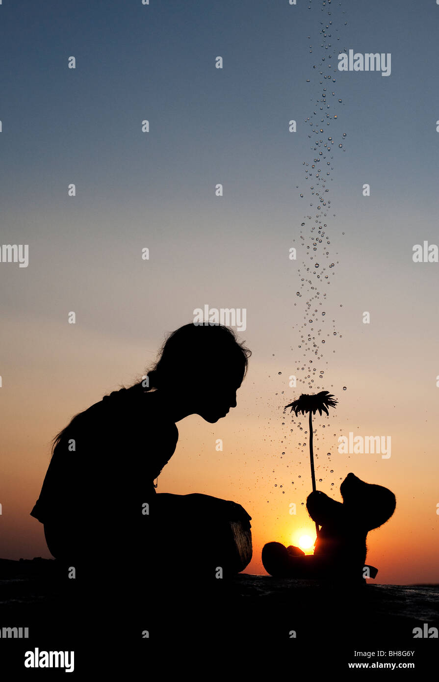Indian girl et ours tient une fleur au coucher du soleil avec des gouttes d'eau. Silhouette. L'Inde Banque D'Images