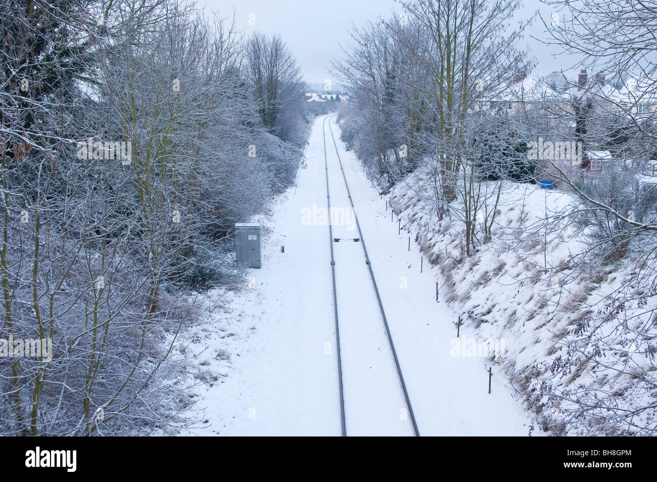 L'arrêt East Suffolk ligne de chemin de fer dans la neige à Beccles , Suffolk , Angleterre , Angleterre , Royaume-Uni Banque D'Images