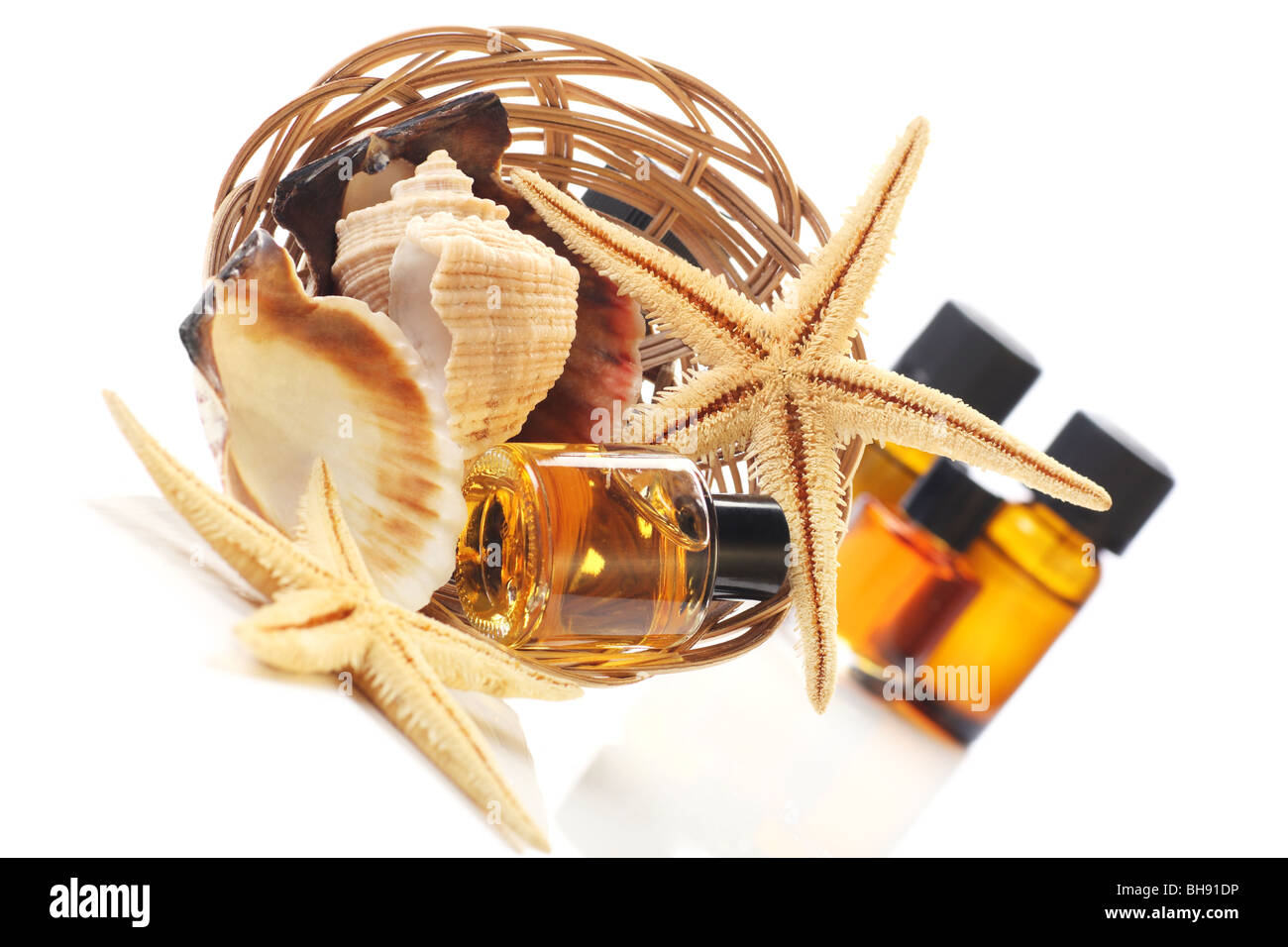 Huiles essentielles et produits de la mer, concept de produits natures. Banque D'Images