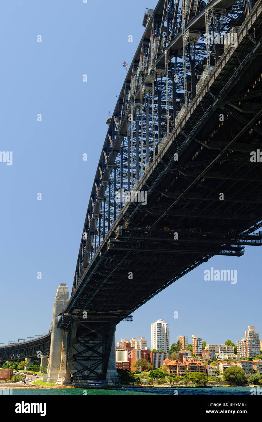 Sydney Harbour Bridge depuis Dawes point Park Sydney Australie // SYDNEY, Australie — SYDNEY Harbour Bridge depuis Dawes point Park dans le quartier historique des Rocks au centre-ville de Sydney. L'emblématique pont en arc d'acier est vu d'en bas, mettant en valeur sa structure impressionnante contre un ciel bleu clair. Les eaux animées du port sont visibles au premier plan, avec des bâtiments bordant le littoral historique. Banque D'Images