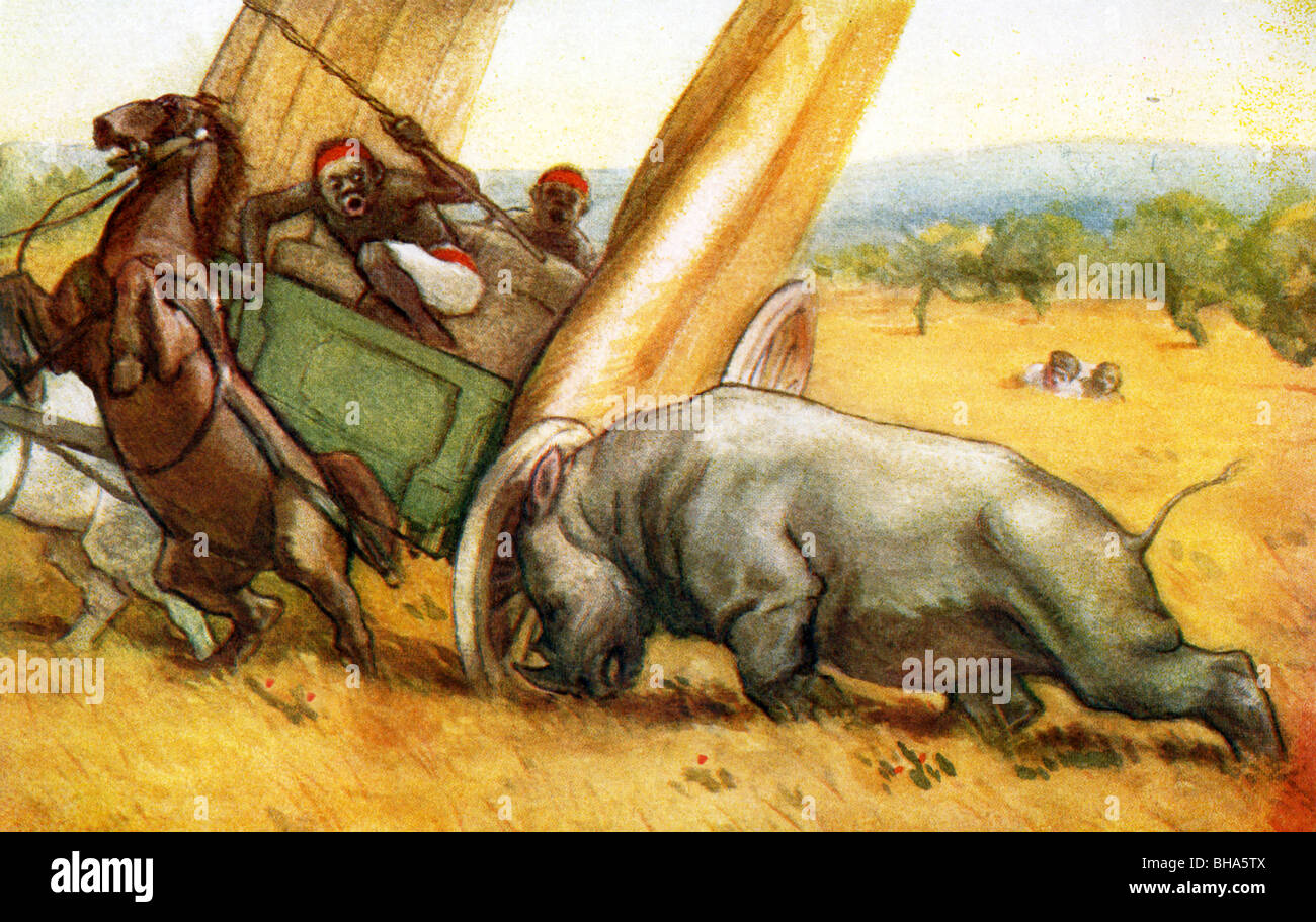 Un rhinocéros a attaqué le chariot dans lequel David Livingstone était en voyage et l'a jeté et un local dans les herbes. Banque D'Images