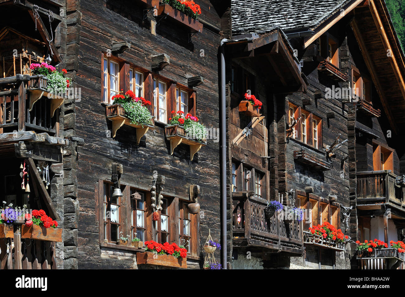 Maisons / chalets traditionnels en bois avec des géraniums en été dans le village alpin suisse Grimentz, Valais / Wallis (Suisse) Banque D'Images