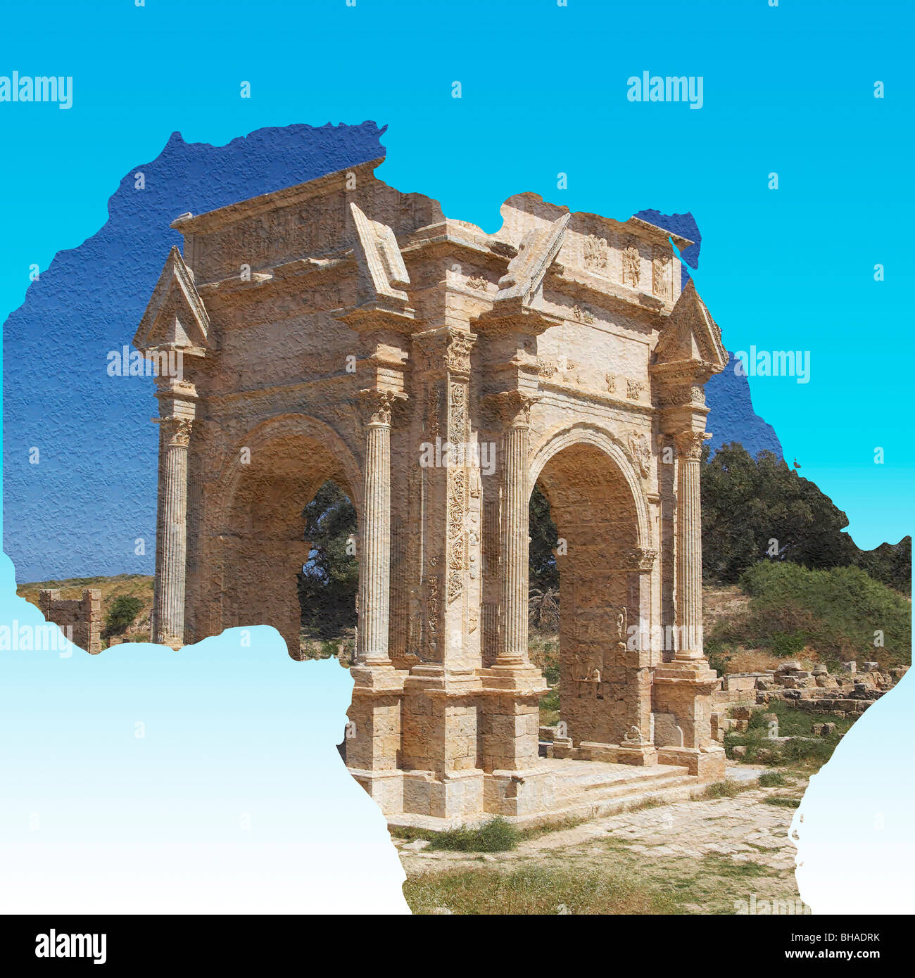 Carte de l'Afrique du Nord une image superposée de la dynastie Arch dans l'ancienne ville romaine de Leptis Magna en Libye Banque D'Images