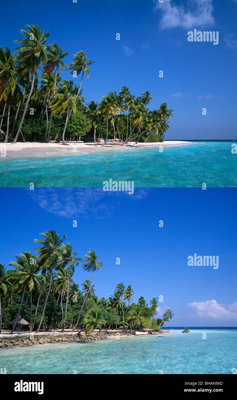 L'érosion des plages, top image en 1990, même image image du bas en 1995. "Le réchauffement climatique" dans l'Océan Indien, les Maldives Banque D'Images