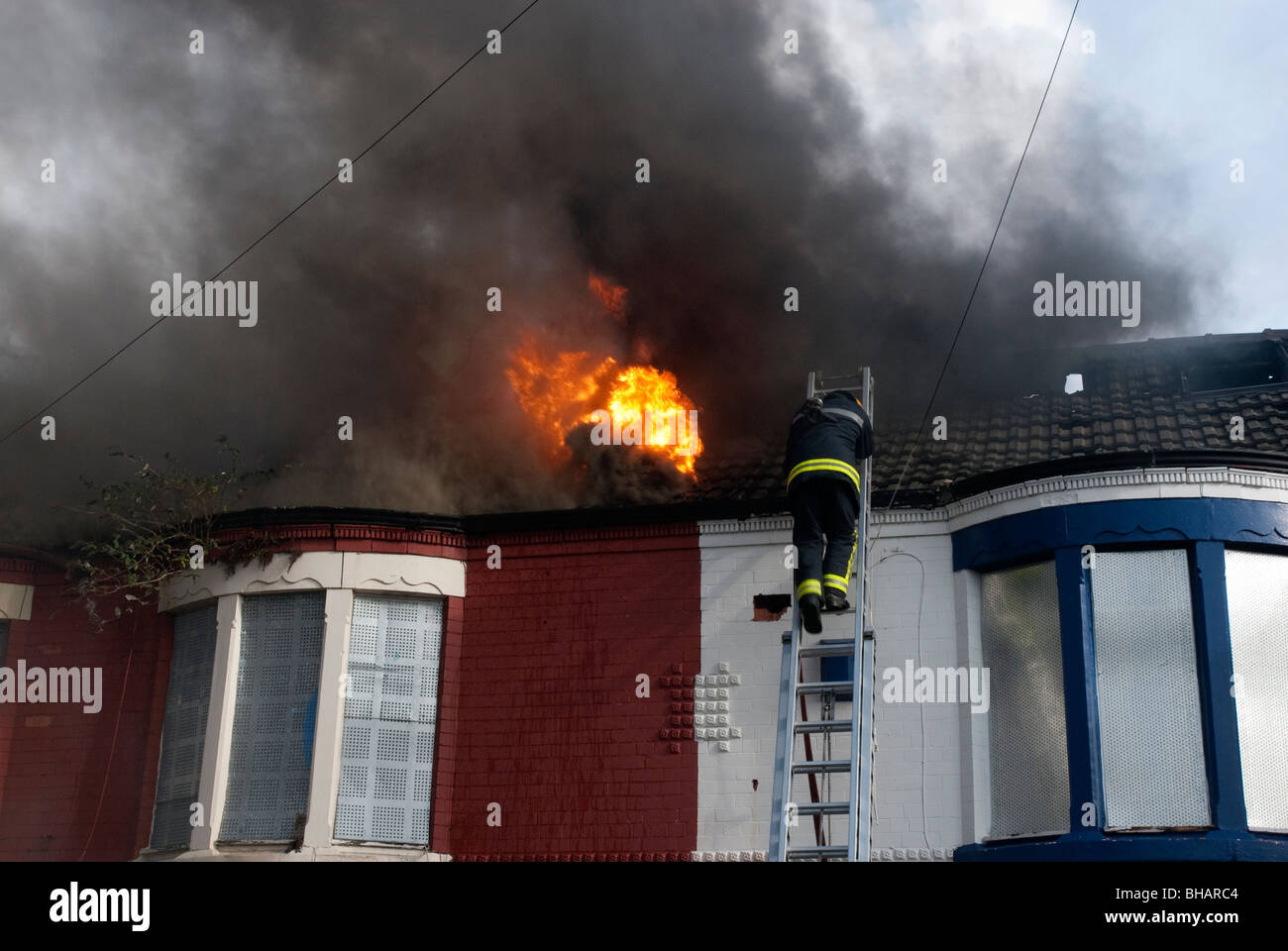 Fireman climbing ladder pour s'attaquer à toit de maison fire Banque D'Images