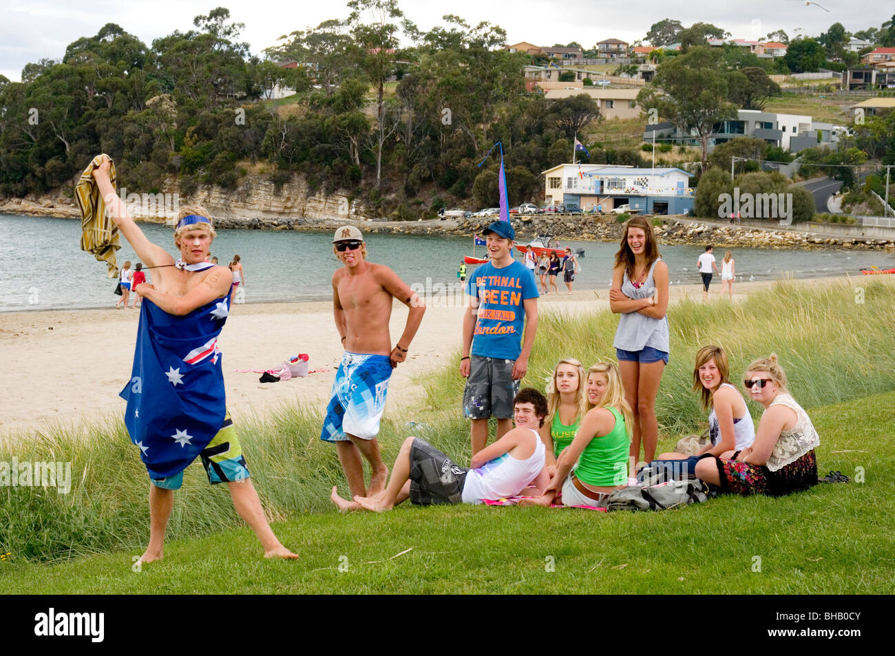 Célébrer la Journée de l'Australie, le 26 janvier, sur la plage, à Kingston, en Tasmanie Banque D'Images