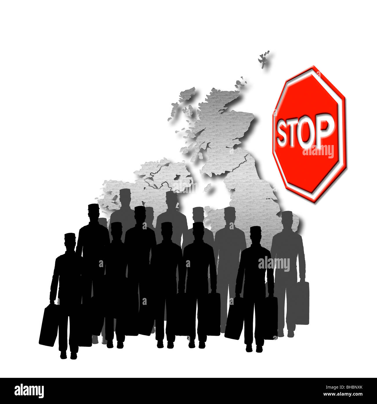 Stopper l'Immigration ! Image conceptuelle de personnes tentent d'entrer dans le Royaume-Uni avec un grand Stop rouge en face d'eux Banque D'Images
