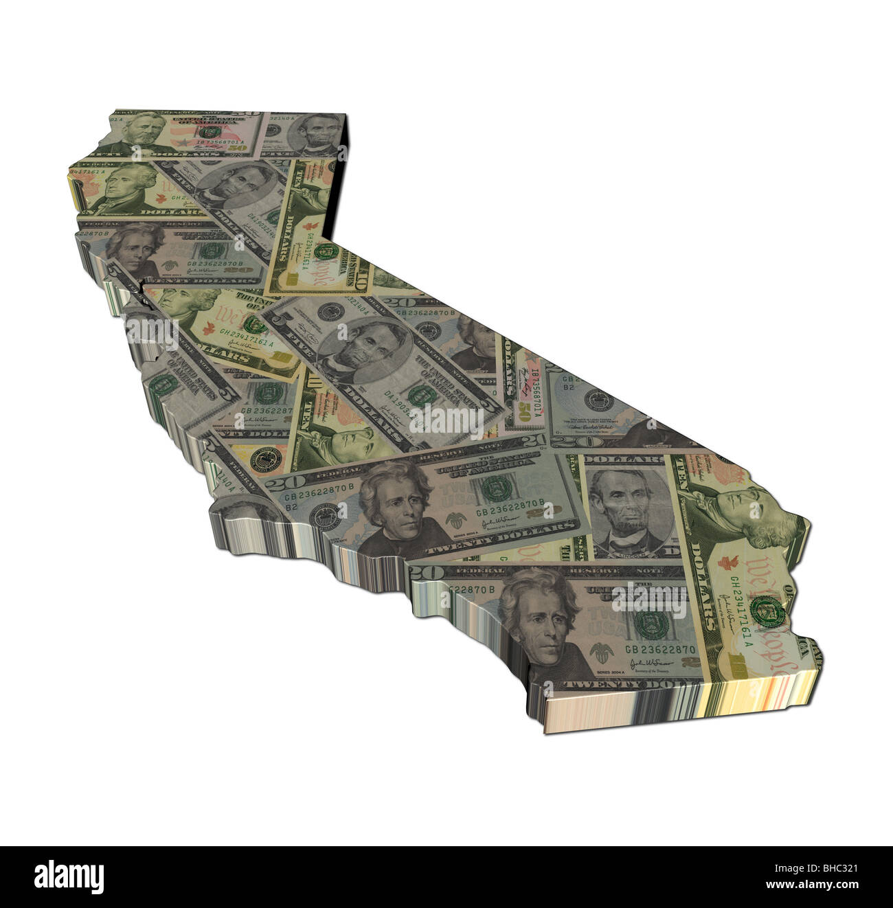 Carte de la Californie avec des dollars rendu 3d illustration Banque D'Images