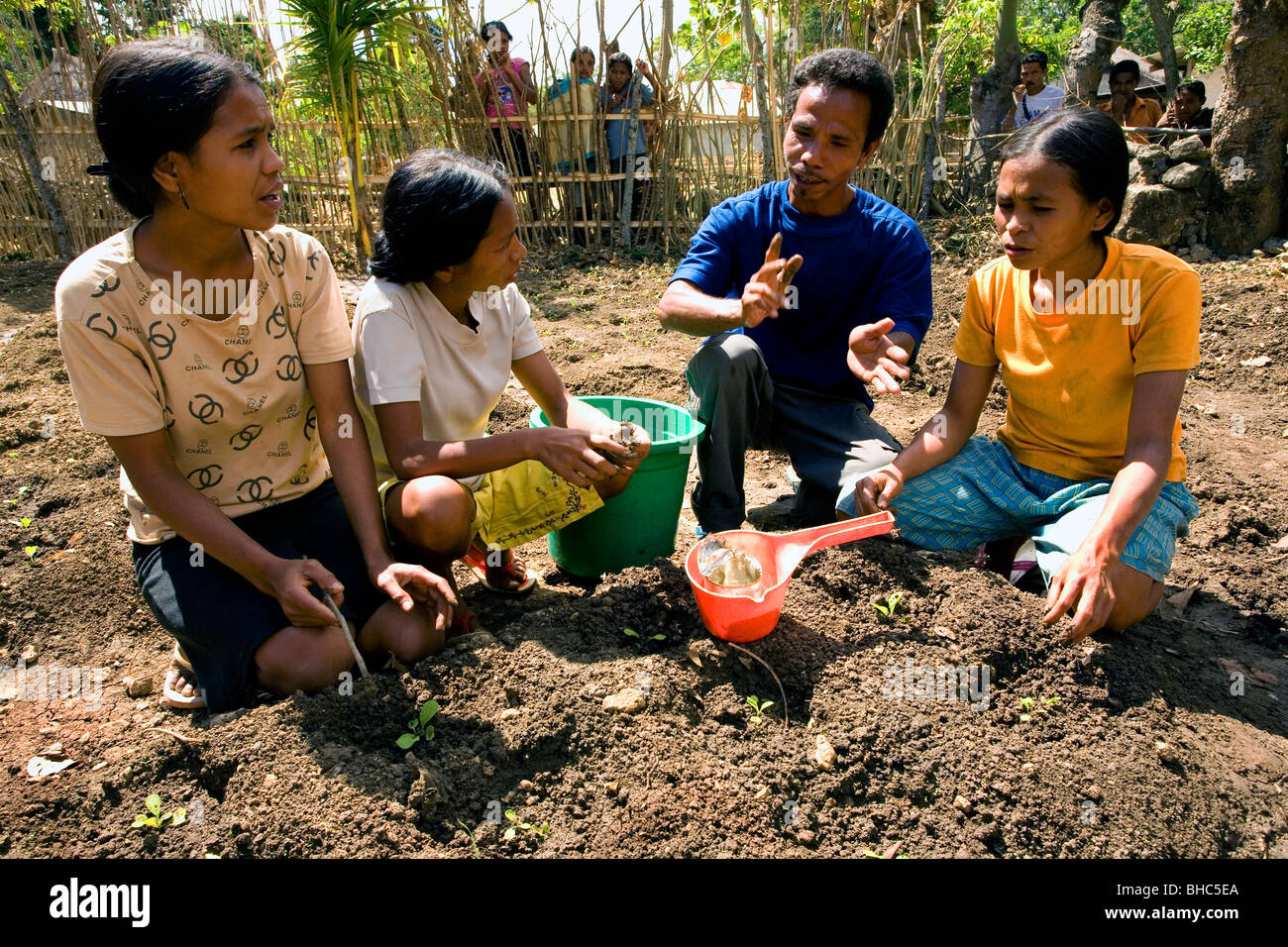 Alberto apprend aux femmes comment planter un potager pour offrir des aliments sains dans Beululik Jraik à distance village au Timor oriental Banque D'Images