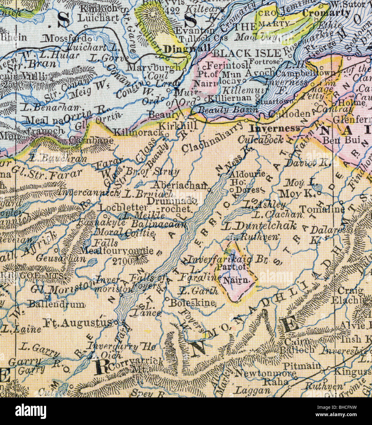 Ancienne carte d'origine du Loch Ness à partir de 1884 manuel de géographie Banque D'Images