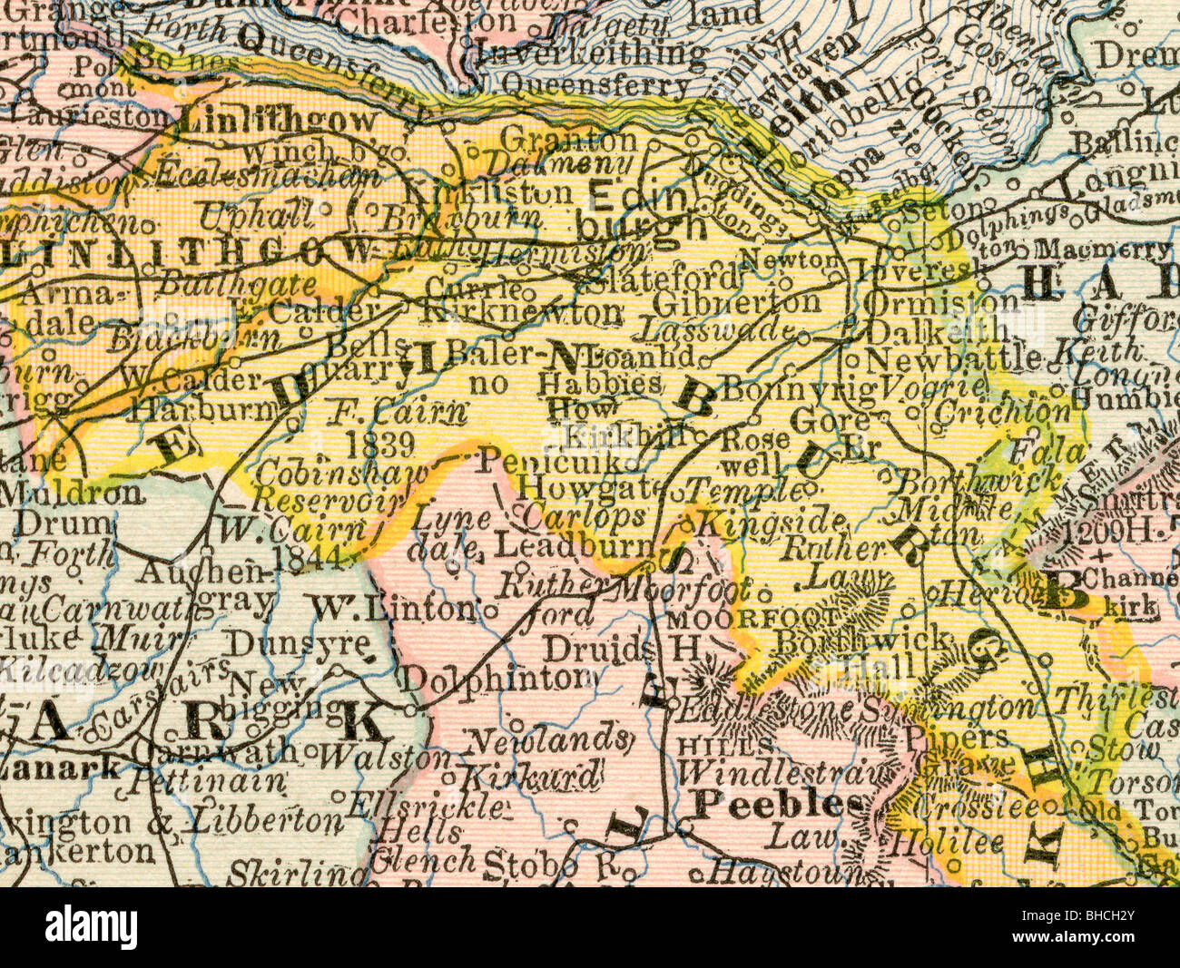 Ancienne carte originale d'Edimbourg (Ecosse) du comté de manuel de géographie 1884 Banque D'Images