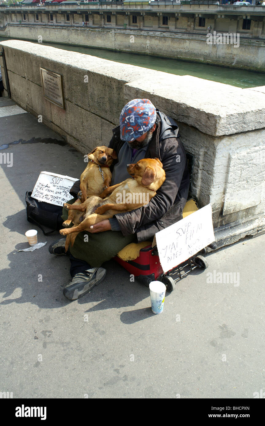 Mendiant avec deux chiens dormir à Paris Banque D'Images