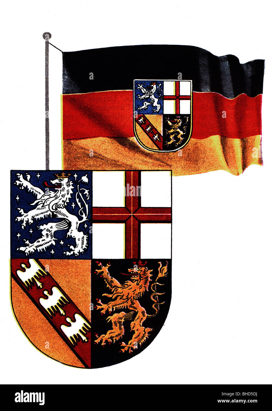 Armoiries de l'Allemagne, Centre, drapeau et d'armoiries depuis 1956, la RFA, l'héraldique, lion, croix, ancien blason de Trèves, Pal Banque D'Images