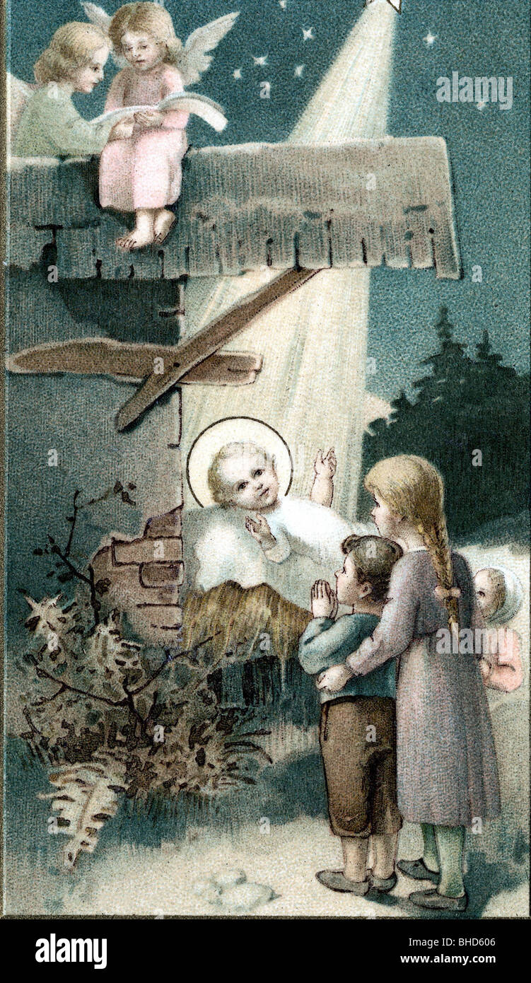 Noël, naissance de Jésus, carte postale, vers 1900, Banque D'Images