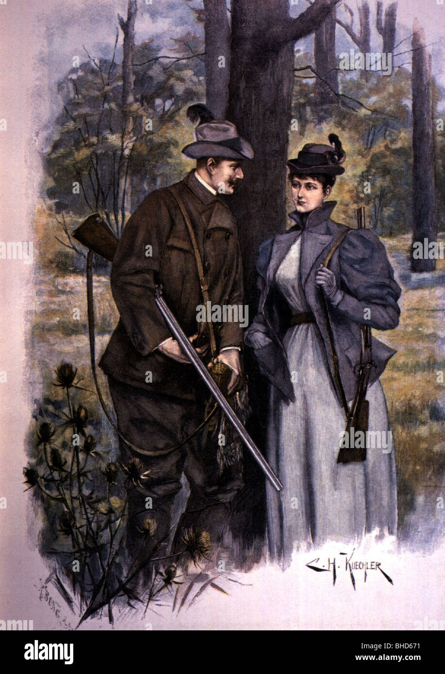 Chasse, deux chasseurs, 'On Raised Hide', gravure, colorée, par Carl Hermann Kuechler, (1866 - 1903), vers 1900, Banque D'Images
