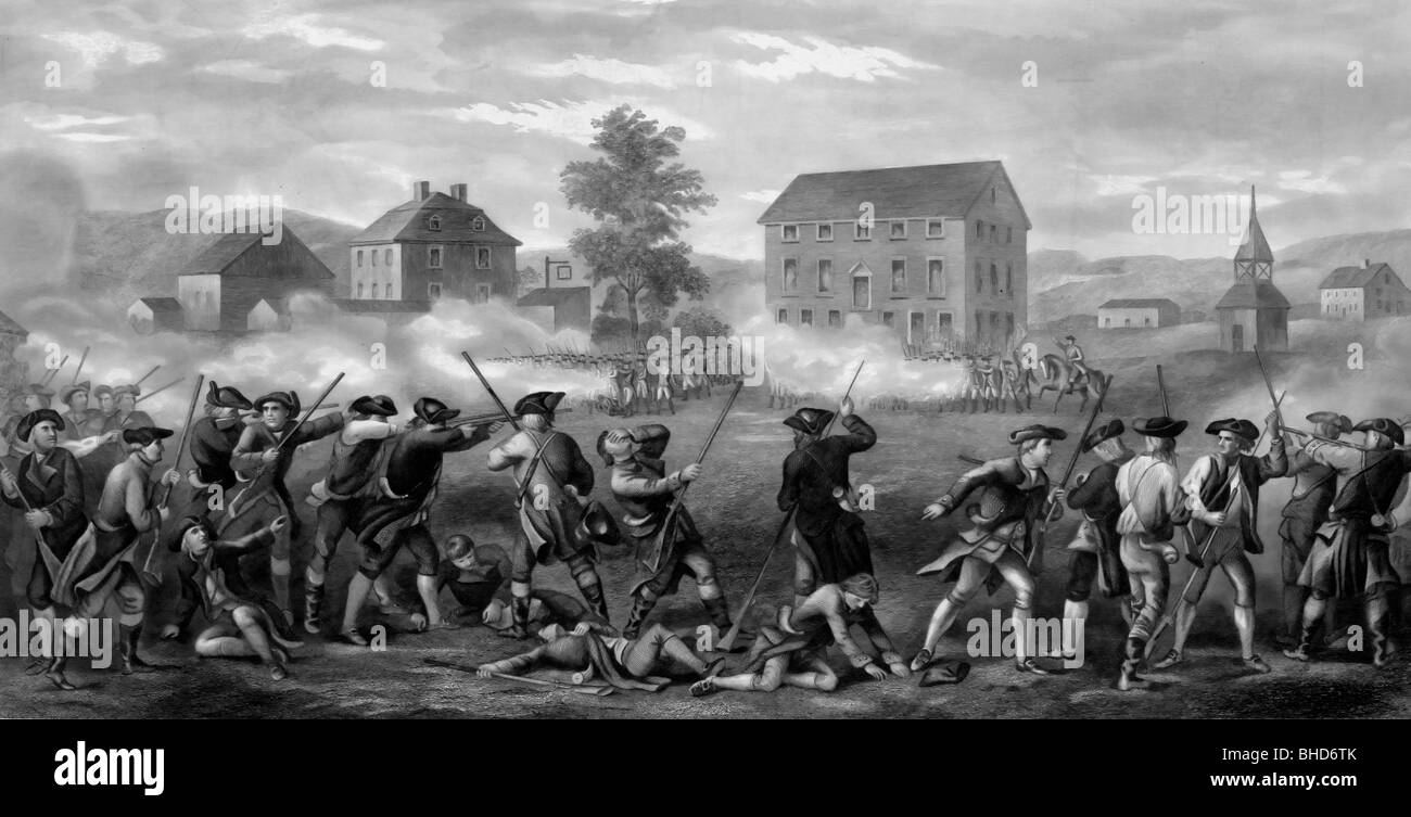 Bataille de Lexington - Ligne de minutes les hommes d'être congédié par les troupes britanniques à Lexington, Massachusetts - USA Guerre révolutionnaire Banque D'Images