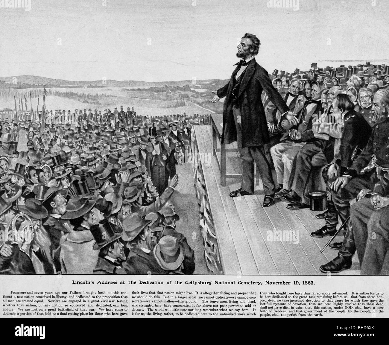 Adresse actuelle de Lincoln, pour la dédicace de l'Cimetière national de Gettysburg, Novembre 19, 1863, avec texte de discours à bas Banque D'Images