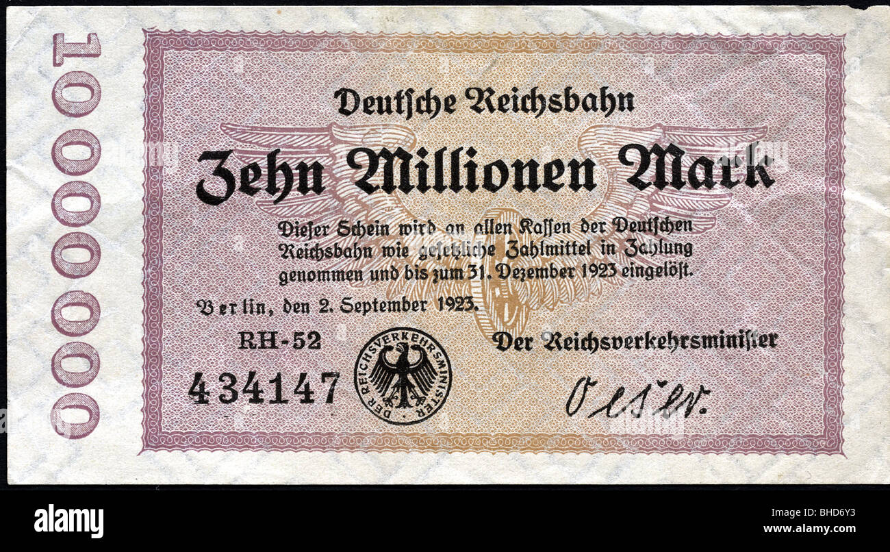 Argent / finance, inflation de 1922 / 1923, 10 Millions de billets Mark, émis par le chemin de fer allemand Reich (Deutsche Reichsbahn), Banque D'Images