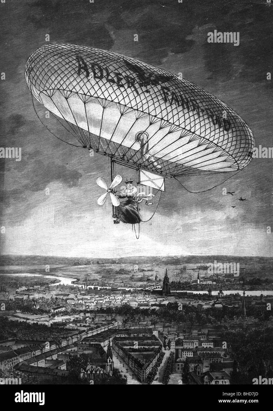 Paulus, Kaethe, 22.12.1868 - 31.7.1935, l'aéronautique allemande, demi-longueur, en ballon conduit comme un vélo au-dessus de Francfort, après croquis de A.Reichl, gravure en bois, 1898, Banque D'Images