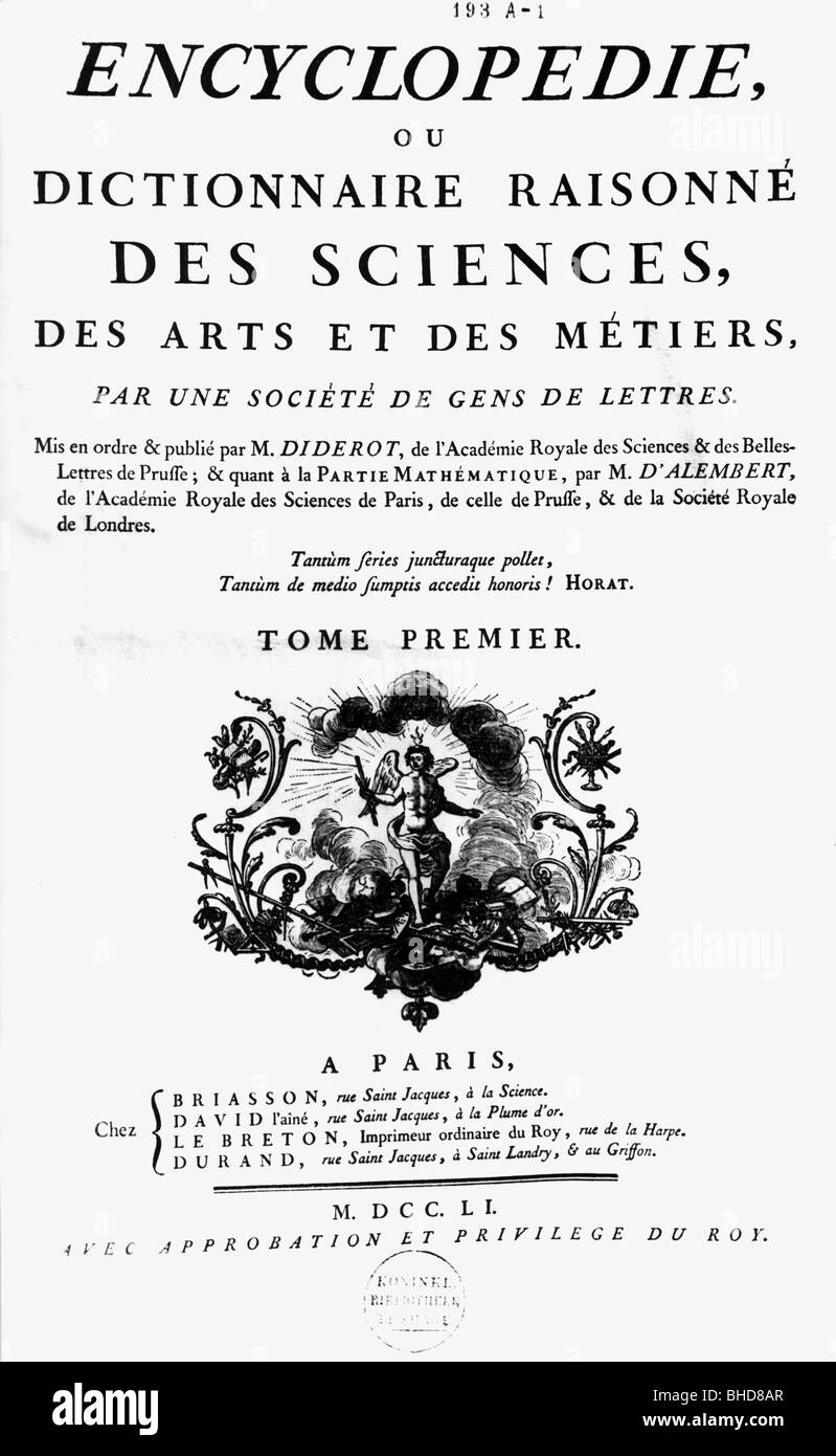 Diderot, Denis, 5.10.1713 - 31.7.1784, auteur/écrivain français, philosophe, œuvres, page de titre d'une encyclopédie, Banque D'Images