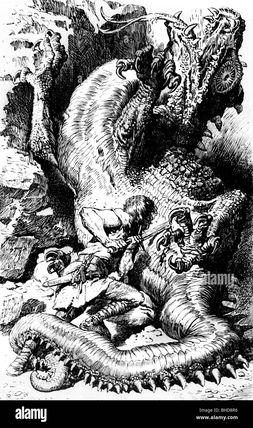 Siegfried, germaniques créature mythique, scène, tuer le dragon Fafner, gravure sur bois, après avoir tracé par Anton Hoffmann, 1906, Banque D'Images