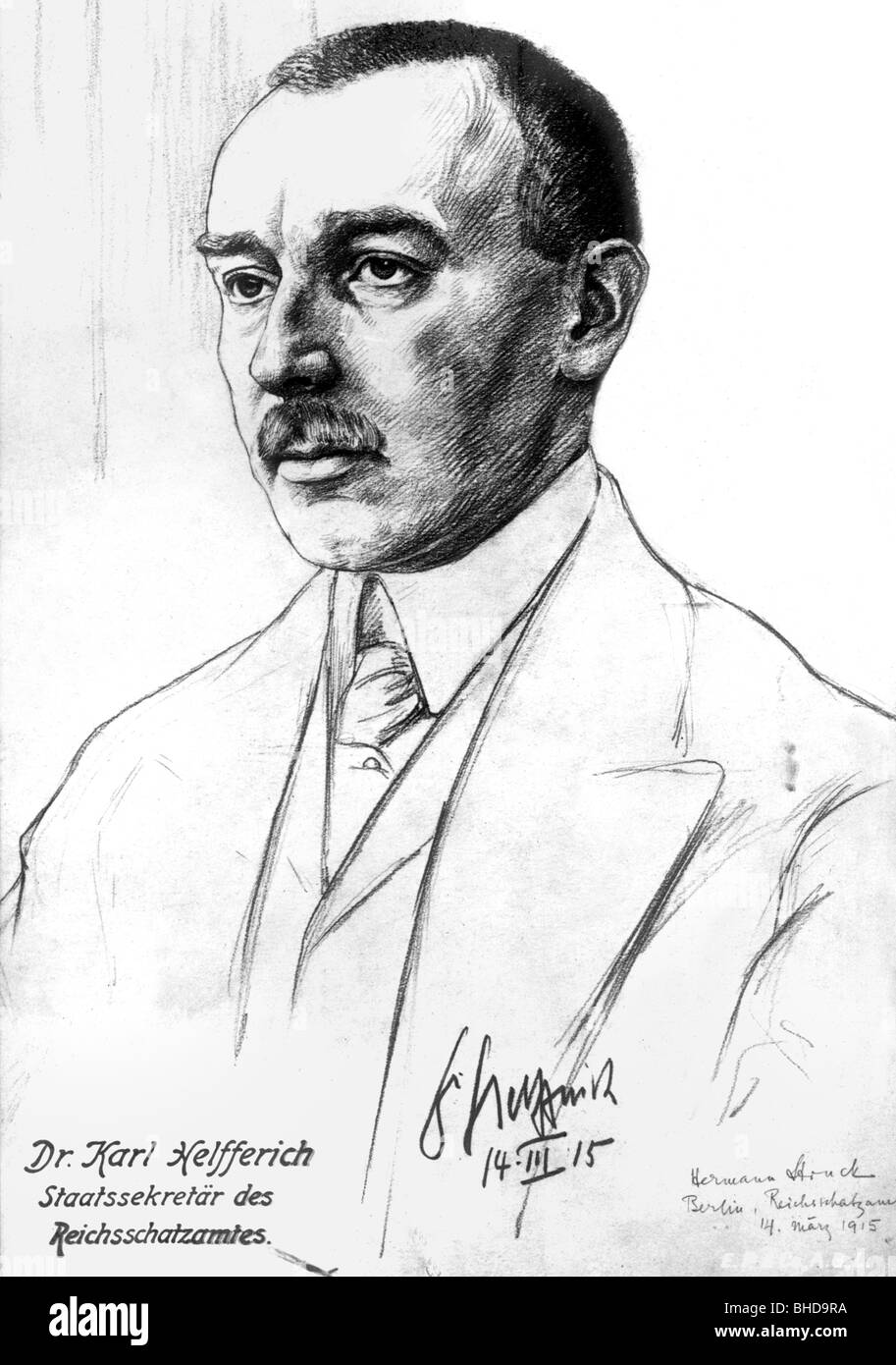 Helfferich, Dr. Karl, 22.7.1872 - 23.4.1924, politicien allemand, vice-chancelier 1916, portrait, avec signature, dessin de Hermann Frappé, 1915, carte postale, Banque D'Images