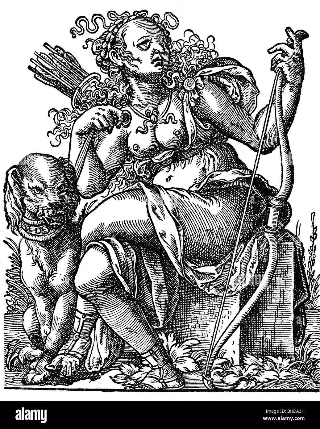 Artemis (Latin: Diana), déesse grecque / romaine de la chasse, demi-longueur, avec arc et flèche, chien, télécopie après la coupe du bois, XVIe siècle, , Banque D'Images