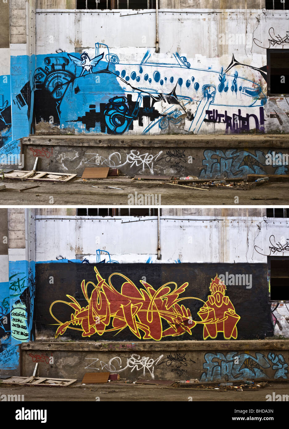 À long terme, l'évolution d'un morceau de graffiti sur un mur - Vichy (France). Vichy, une évolution dans le temps d'un graffiti. Banque D'Images