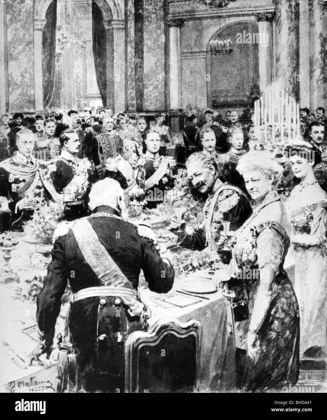 William II, 27.1.1859 - 4.6.1941, Empereur allemand 15.6.1888 - 9.11.1918, fête au tribunal, 25ème anniversaire de la regnale, dîner, Palais de Berlin, 17.6.1913, dessin, , Banque D'Images
