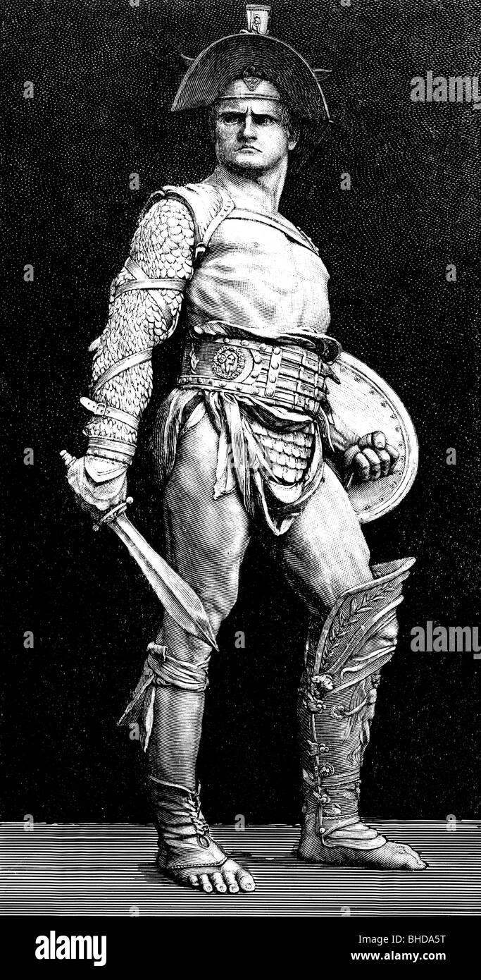 Ancien monde, Empire romain, gladiateur, gravure en bois après statue ancienne, XIXe siècle, historique, historique, Rome, armure, bouclier, épée, monde ancien, homme, homme, homme, homme, homme, peuple, Banque D'Images