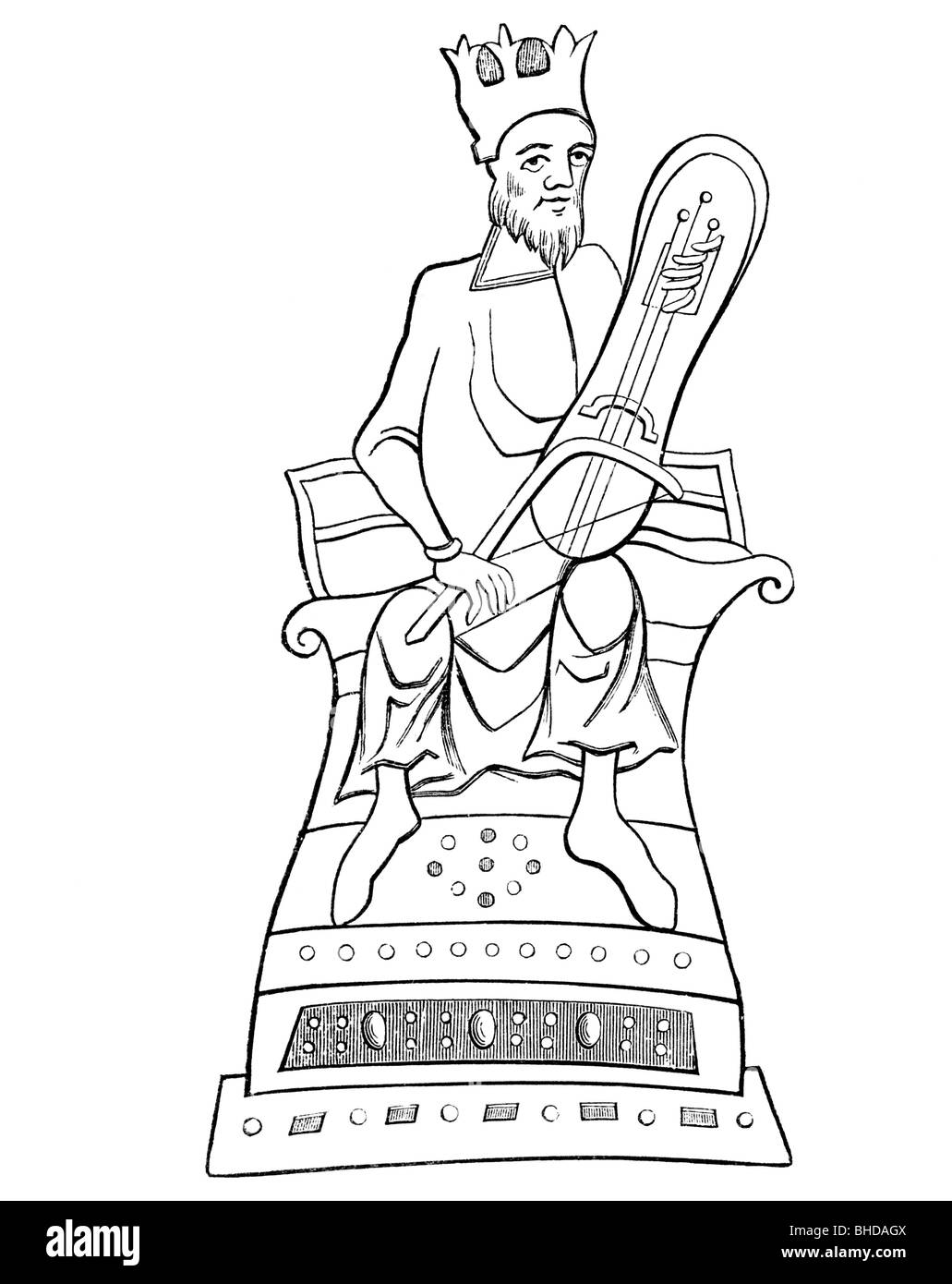 David, roi des Juifs, 1004 - 965 av. J.-C., pleine longueur, jouant luth, après miniature du IXe siècle, Banque D'Images