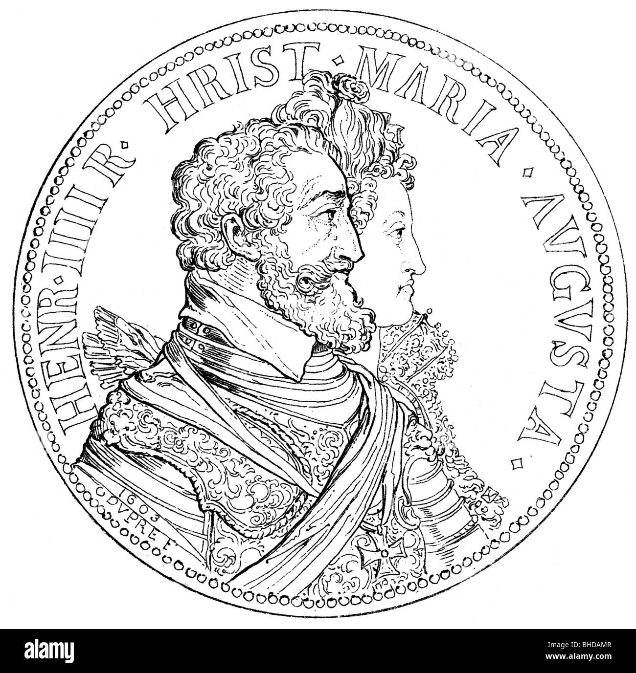 Henry IV, 13.12.1553 - 14.5.1610, roi de France 27.2.1594 - 14.5.1610, avec femme Maria dei Medici, pièce de monnaie, médaille de G. Dupre, 1603, gravure sur bois, XIXe siècle, Banque D'Images