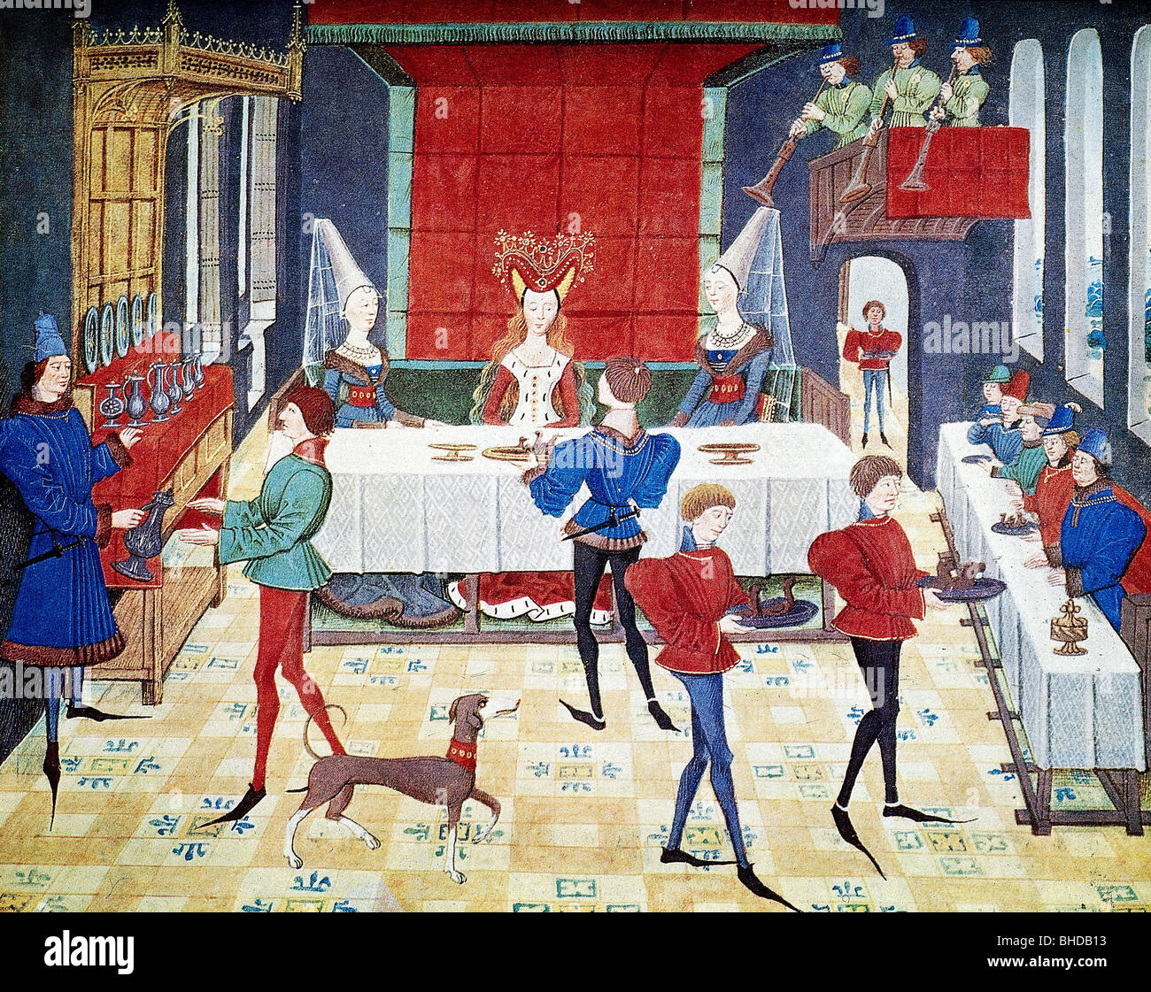Intermédiaires âge, gastronomie, dîner de mariage à la cour royale, après miniature de Loyset Liedet à la 'Roman de Renaud de Montauban', Biblioteque de l'Arsenal, Paris, Banque D'Images