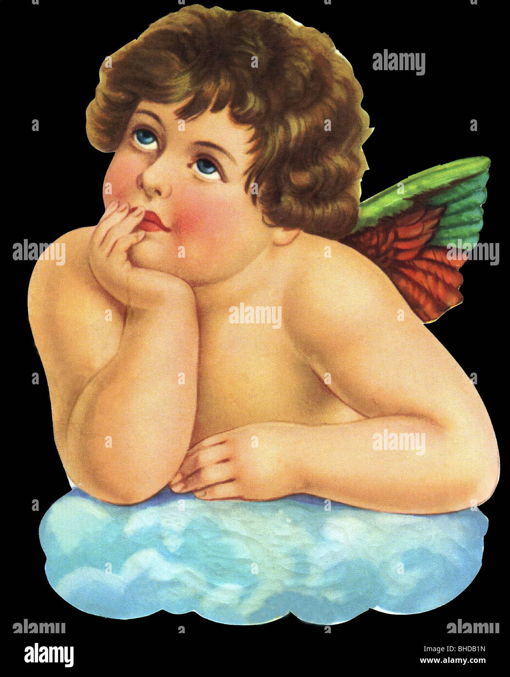 Noël, ange sur un nuage, s'appuyant sur un ange de Raphaël dans la Chapelle Sixtine, kitsch, pensée, contemplant, ailes, regardant vers le haut, historique, historique, Banque D'Images
