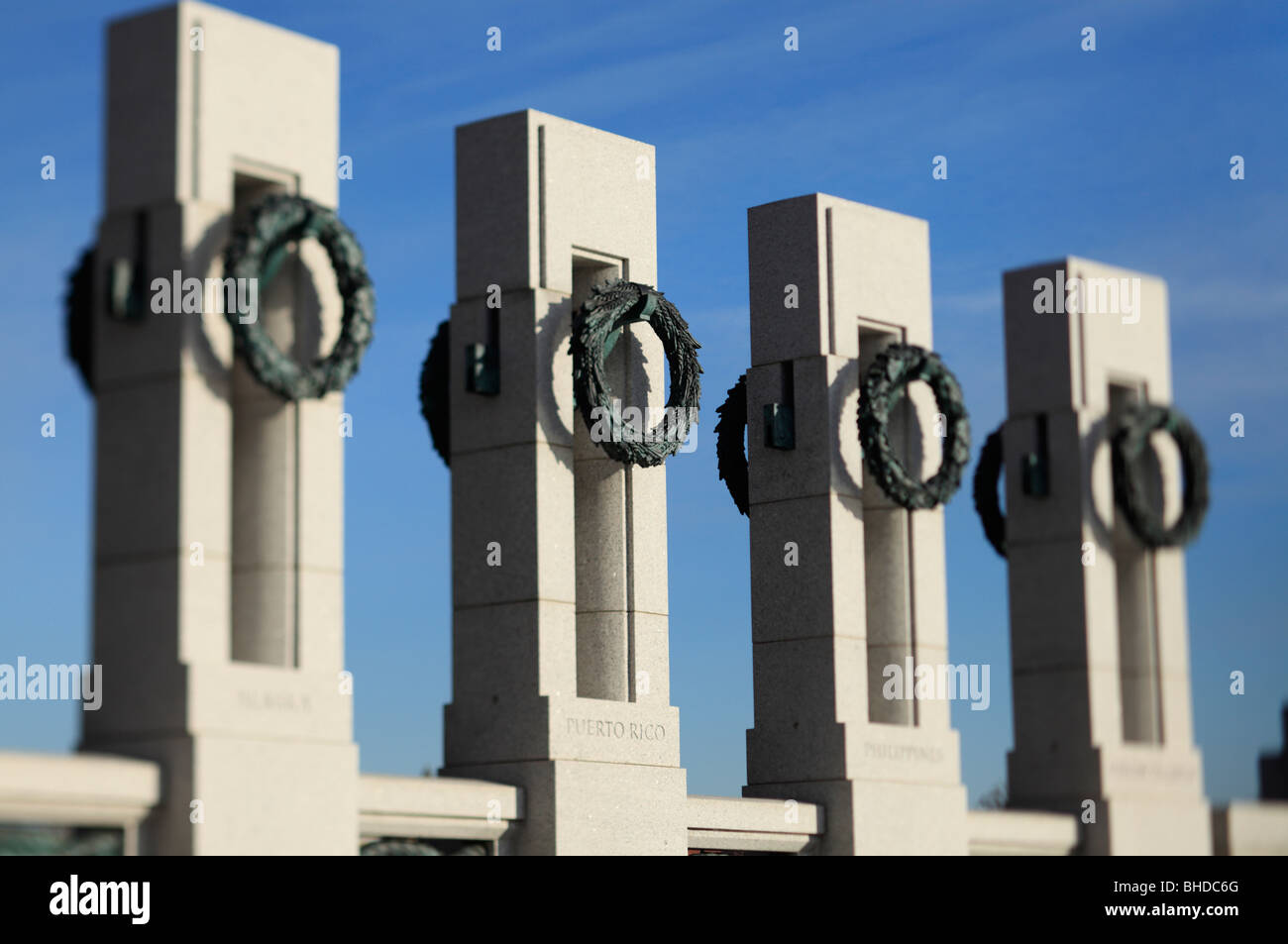 Détail de la couronne au Mémorial de la seconde Guerre mondiale à Washington DC. Vue de mise au point sélective. Banque D'Images
