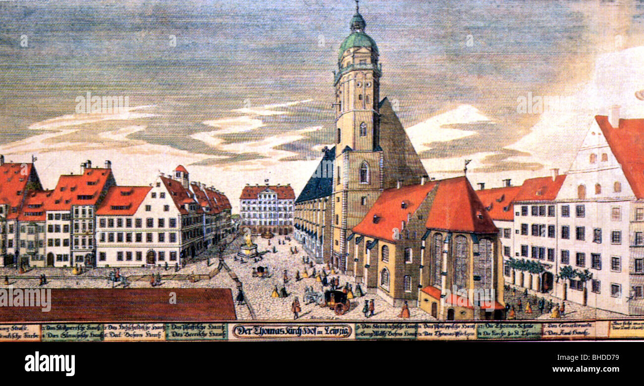 Géographie / voyages, Allemagne, Leipzig, église Saint Thomas, école et Bosehaus, gravure colorée de Johann Georg Schreiber, après 1732, Banque D'Images