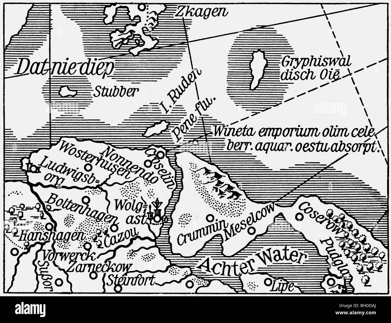 La cartographie, les cartes, l'Europe centrale, l'Allemagne, l'Cispommerania, Greifswald Bay, à l'emplacement supposé de Vineta, gravure sur cuivre, 1633, copyright de l'artiste n'a pas à être effacée Banque D'Images