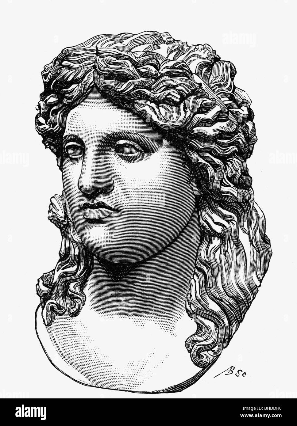 Dionysus (Latin: Bacchus), dieu grec du vin, portrait, gravure en bois, XIXe siècle, après buste ancien, Banque D'Images