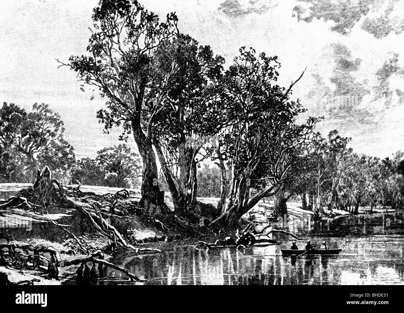 Sturt, Charles, 28.4.1795 - 16.6.1869, explorateur britannique d'Australie, scène, son expédition en 1836, à la Murray River, gravure sur bois, XIXe siècle, Banque D'Images
