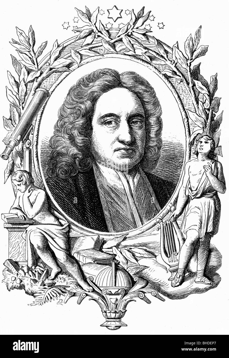 Halley, Edmund, 29.10.1656 - 14.1.1742, astronome anglais, portrait, illustration allégorique, XIXe siècle, Banque D'Images